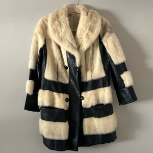 Vintage Real Fur & Leather Coat Black Cream Striped Statement Coat Women’s Small
